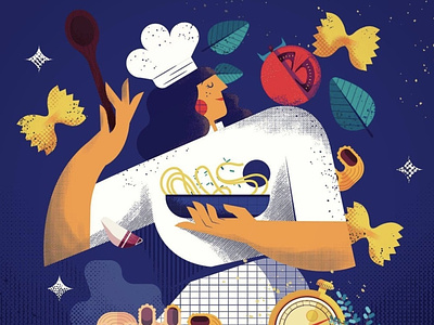 Chef character chef digital folioart food illustration maite franchi pasta texture woman