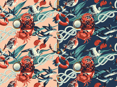 Under the Sea alexander wells bird crab digital fish folioart illustration nature pattern