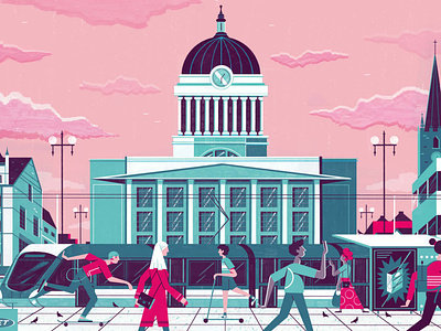 Nottingham building character city culture digital editorial folioart illustration michael driver people transport travel