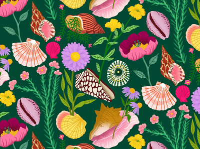 Flowers & Shells bodil jane colourful digital flowers folioart illustration nature pattern shells