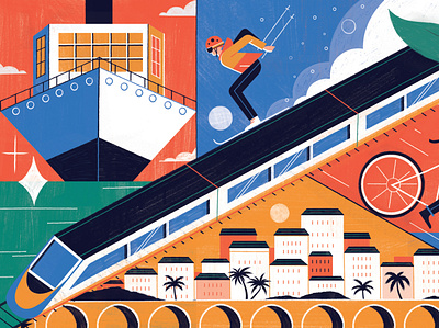 Sustainable Travel character digital editorial folioart illustration landscape michael driver ski sustainable train travel