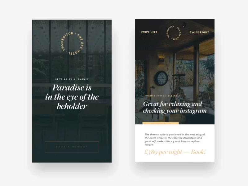 Ace Hotel — Mobile Responsive Landing Page animation app design design flat design gif gold hotel mobile photography responsive type website