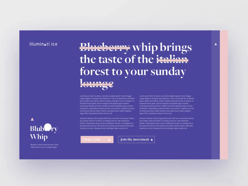 Illuminati Ice — Typographic product page animation blue blueberry form ice cream. product page pink slide typography6 ui design ux design