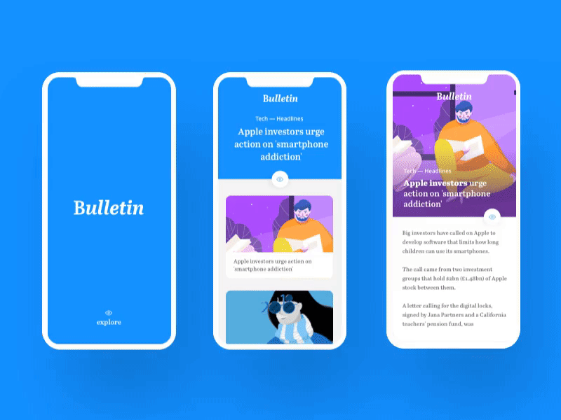 Bulletin — Animation test animation app blue content gif illustration iphone x medium news reading typography ui
