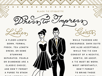 Dress to Impress black tie etiquette illustration man stationery wedding woman