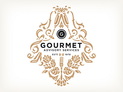 Gourmet Advisory Services bowtie branding champagne damask fork gourmet high heel identity illustration logo rose