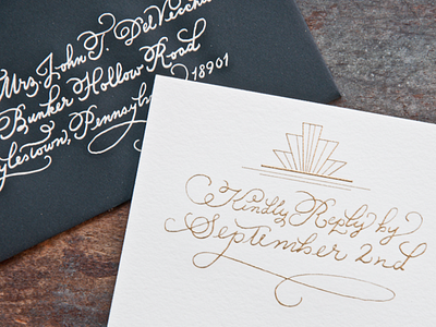 Kindly Reply art deco engraving hand drawn type lettering rsvp stationery swashery wedding