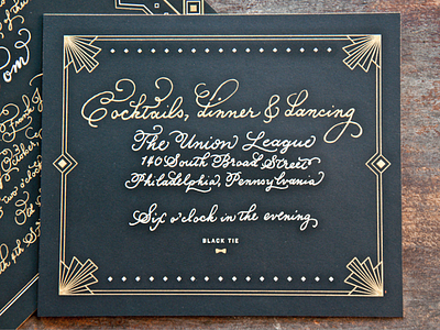 Cocktails, Dinner & Dancing art deco black tie engraving hand drawn type lettering philadelphia stationery wedding