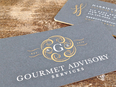 Gourmet Biz branding business cards edge painting engraving gold gourmet logo monogram swashery