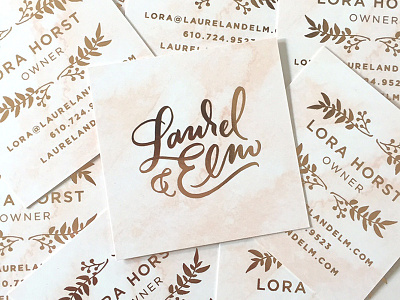 Laurel & Elm Business Cards branding business cards copper foil handlettering identity laurel lettering logo swashery watercolor wedding