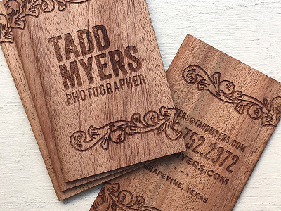 Fun with Lasers for Tadd Myers branding business cards identity laser lasercut texas wood