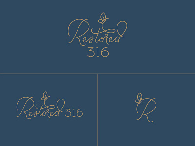 Restored 316 branding butterfly gold icon identity lettering logo logotype mark r script swashery