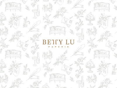 Betty Lu Paperie branding champagne donuts feminine hand crafted icon iconography identity illustration logo logotype pattern seamless pattern sofa sophisticated logo