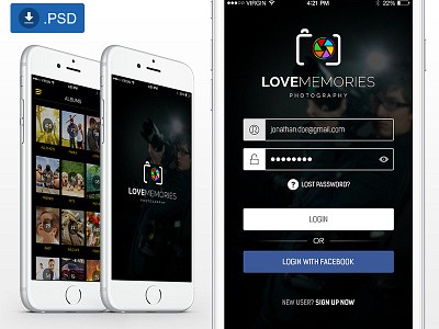 Love Memories Photo album app anrdoid application dark ui free psd ios 7 design ios8 design iphone application login screen mobile apps photo app photography app ui ux