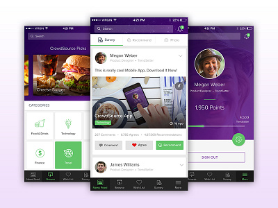 CrowdSource App crowdsource app green ios app mobile app newsfeed profile purple social app social ui ui design