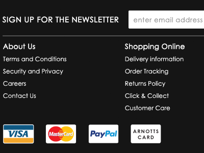 eCommerce Footer black credit cards ecommerce footer logo navigation newsletter