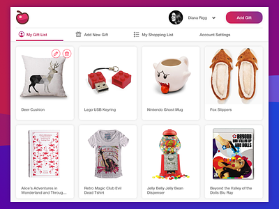 User Gift Guide app catalogue dashboard gift guide gifts inventory items products ui ux website
