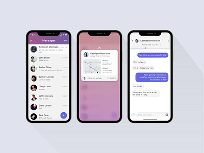 Ridesharing feature in messages application chat exploration map messenger minimal mobile design ridesharing travel ui ux