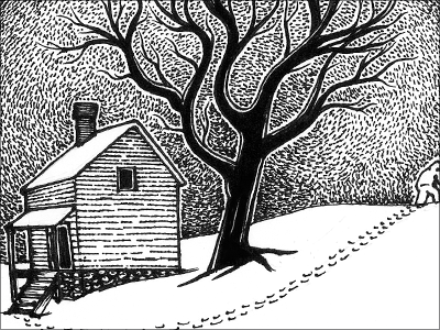 Dark Winter black and white bw cabin illustration ink snow tree winter