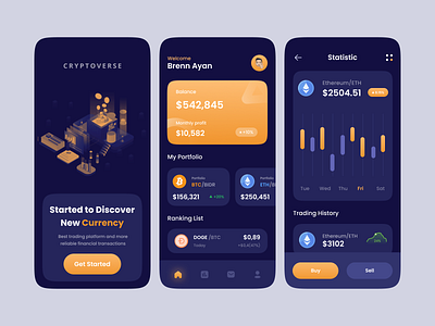 Cryptoverse - Crypto Wallet App apps bitcoin blockchain chart coin crypto crypto wallet app cryptocurrency darkmode ethereum fintech marketplace nft app product design trading ui ux wallet app