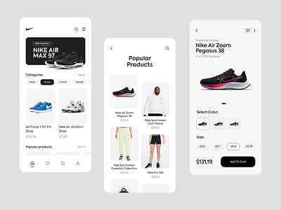Nike Shoes - App Design Concept adidas air force app app design concept design ecommerce ios minimal minimalist mobile ecommerce moble nike nike air shoe running shoes sports ui ui design