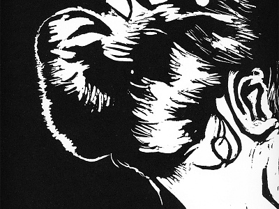 Hand in Hair Linocut black hair hand printed ink linocut print white