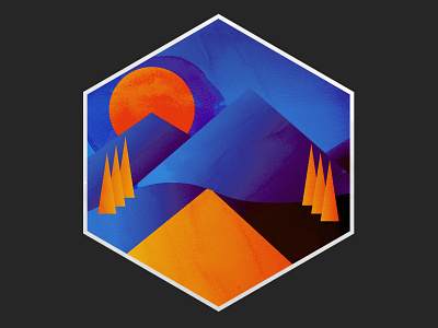 Mountains badge blue gradient mountains orange texture vector watercolor