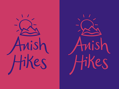 Anish Hikes calligraphic logo mountains outdoor pink purple sun vector