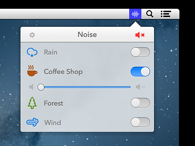 Noise for Mac ambiance background noise coffee shop mac menubar nature noise os x popover sketch.app ui
