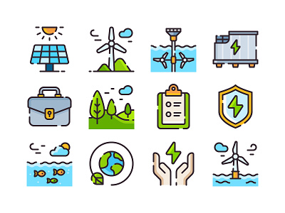 Icons for Inis Ealga Marine Energy Park Project green energy icon iconography illustration illustrator power thstudio windmill