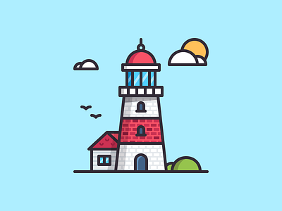 Lighthouse bird icon illustration lighthouse sea sun thstudio. flat water wave