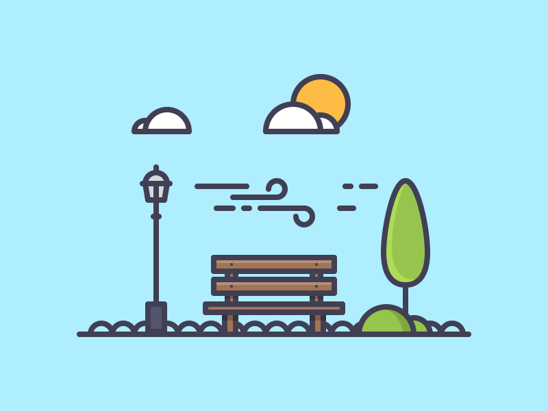 Wonderful Afternoon flat thstudio illustration fresh bench tree sun cloud wind afternoon wonderful