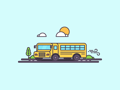 School Bus bus flat illustration plant road school sun transport vector