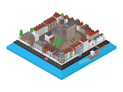 Isometric city in The Netherlands city deventer drawing illustration illustrator isometric vector