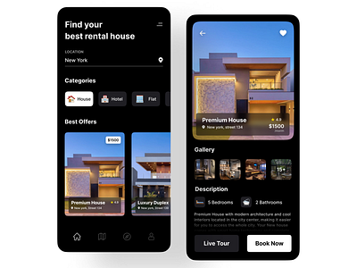 Home Rental App app best black branding colorful dark design home house rent trending ui ux