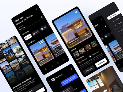 Home Renting App app awesome best blue clean dark home house minimal rent renting ui ux vector yellow