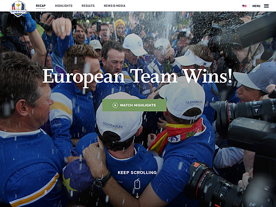 The scoreboard grid from the PGA Ryder Cup responsive website. full bleed photo hero homepage serif