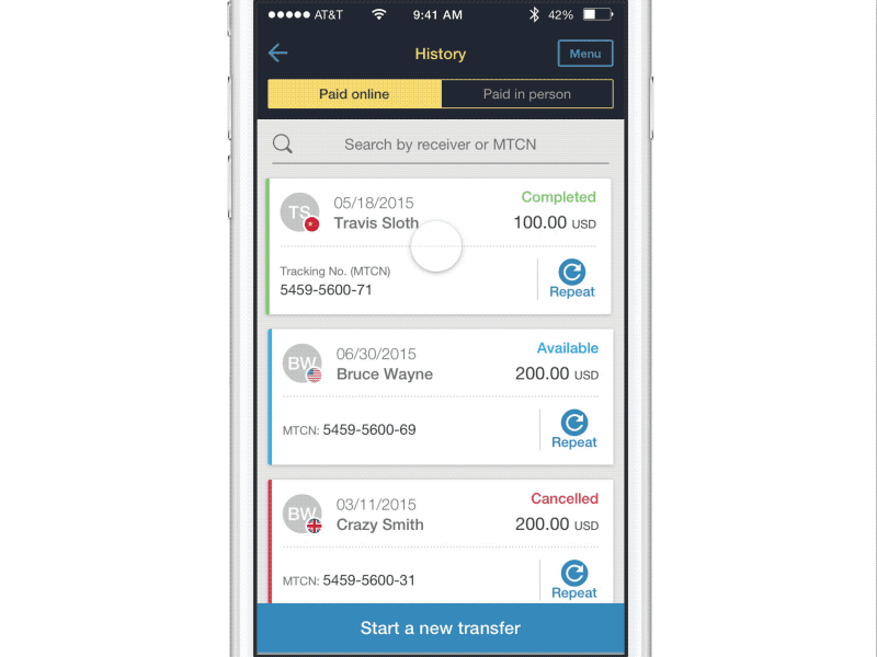 Transfer History - V1 animation app finance framer gif interactive mobile money prototype transfer ui ux