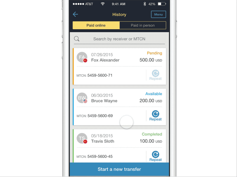 Transfer History - V2 animation app finance framer gif interactive mobile money prototype transfer ui ux