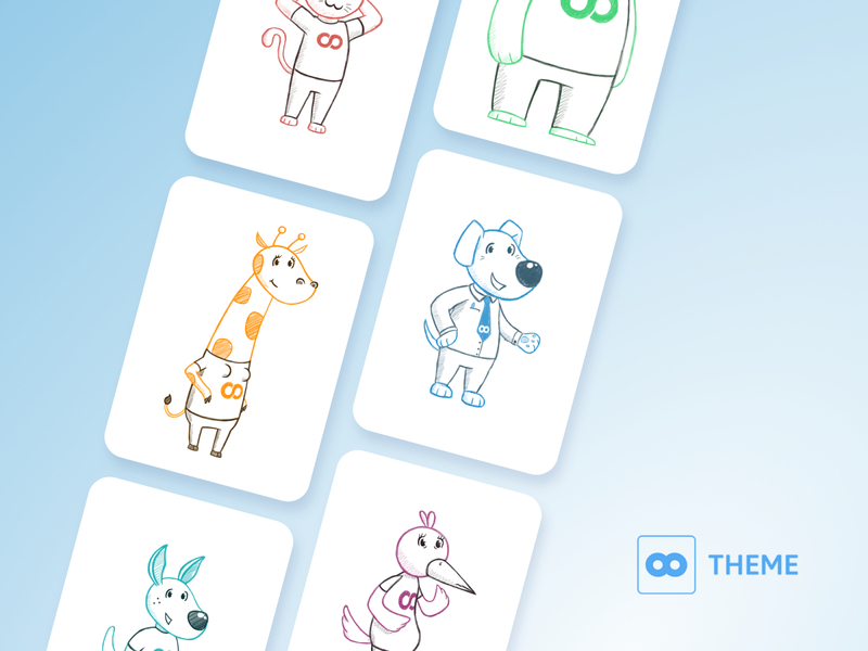 8theme Characters animal anthropomorphic app branding brush cartoon character collection drawing friendly group illustration mascot outline pencil set simple ui web website