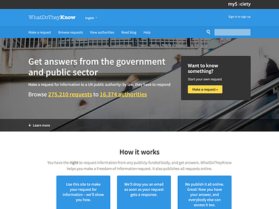 A new homepage for WhatDoTheyKnow civic foi government open source sans tech