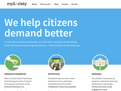 New homepage for mysociety.org charity citizen civic icons mysociety source sans tech uk