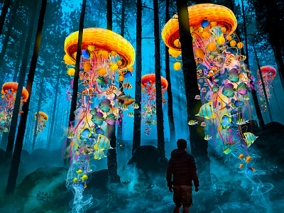 Electric JellyFish Revisited Forest Blue blue dusk fish forest jellyfish sunset trees tropical