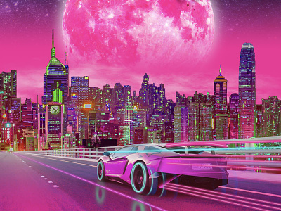 Synthwave Drive cars city colorful illustration moon photoshop synthwave