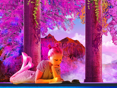 Reading in Parrish's World colorful girl illustration mountain photoshop reading