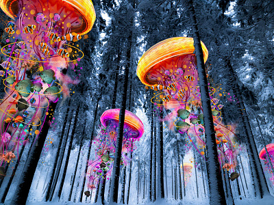 Winter Forest of Jellyfish Worlds animals colorful fish forest illustration jellyfish photoshop