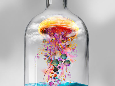 Electric jellyfish in a Bottle bottle clear fish glass jellyfish ocean sea tropical water waves