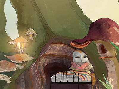 Orlyland section 2 bird books cosy illustration illustrator mushrooms owl pencil reading toadstools tree