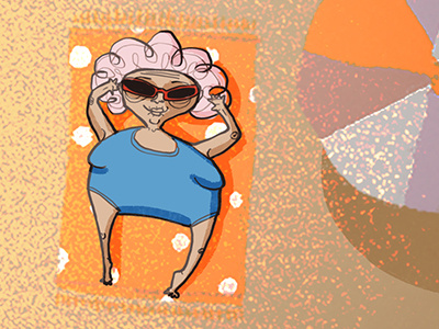 Summer Desktop wallpaper beach character gran granny illustration illustrator nanny old lady summer sun sunbathing swimming costume