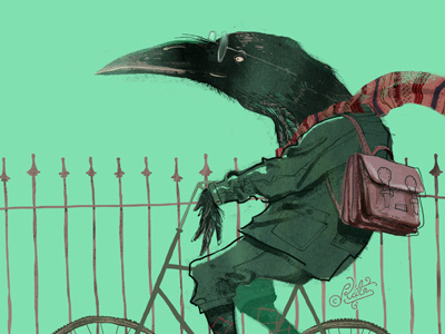 The smart crow on a bicycle bicycle bike bird crow cycling digital green illustration illustrator scarf smart suit